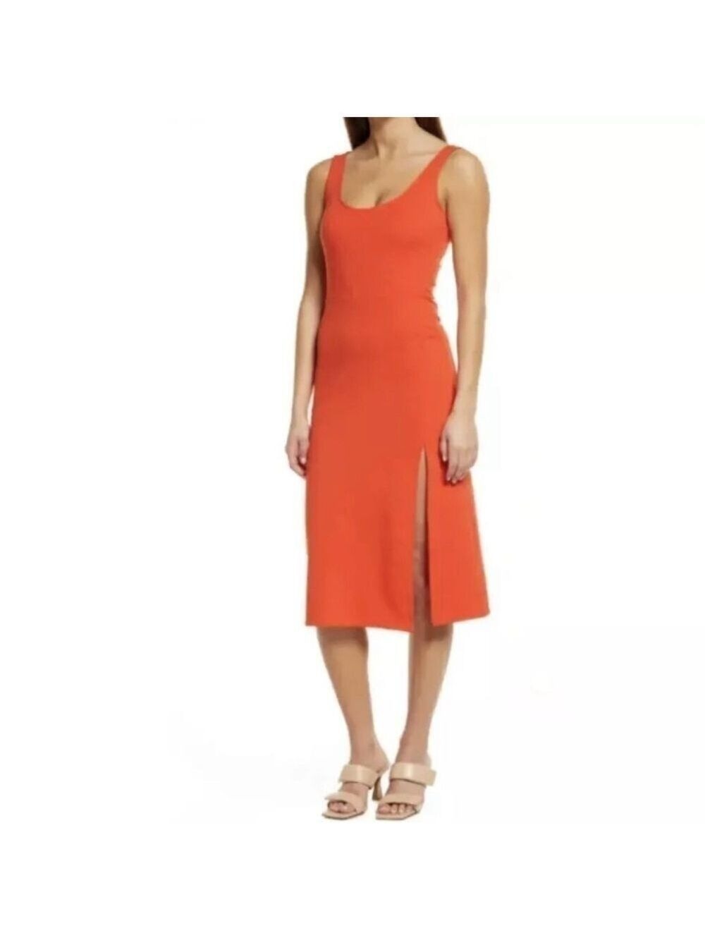 Open Edit Women’s Scoop Neck Orange Bodycon Midi Tank Dress Sleeveless XS New